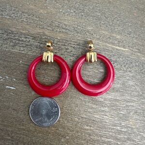 Vintage Style Red Hoop Clip-On Earrings Gold Tone Statement